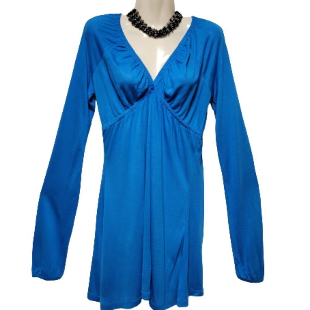 Zenana Outfitters Blue Long Sleeve Rayon V Neck Tunic Top Size L